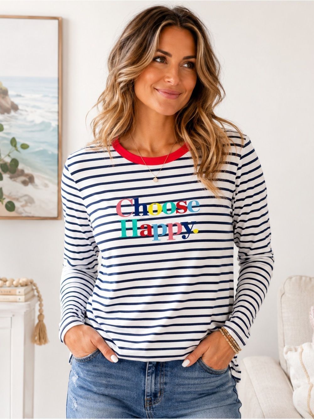 Boden “Choose Happy” Striped Long Sleeve Tee – Size US 6